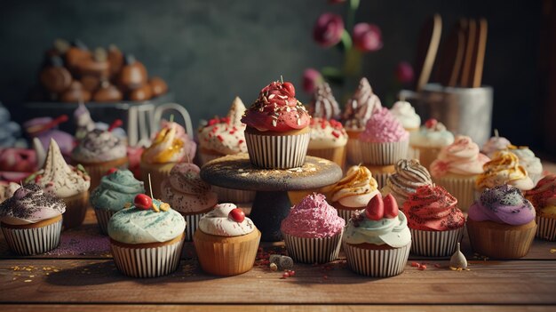 Un tavolo pieno di cupcakes con gusti diversi