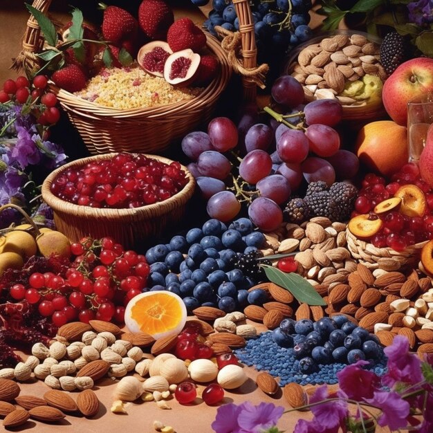 Un tavolo pieno di frutta tra cui mirtilli, mirtilli, mirtilli e altri frutti.