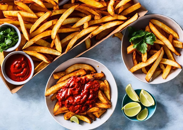 Un tavolo pieno di patatine fritte e una ciotola di ketchup