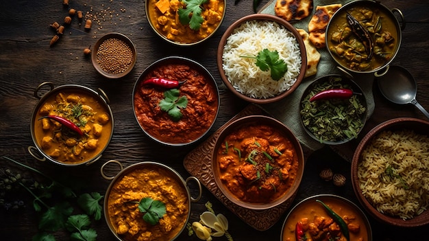 Un tavolo pieno di piatti diversi tra cui curry, riso e curry.