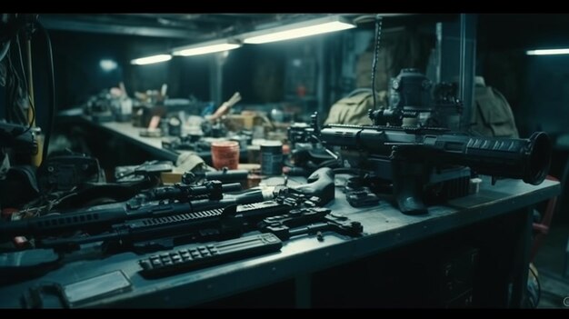 Un tavolo pieno di pistole e un mucchio di pistole
