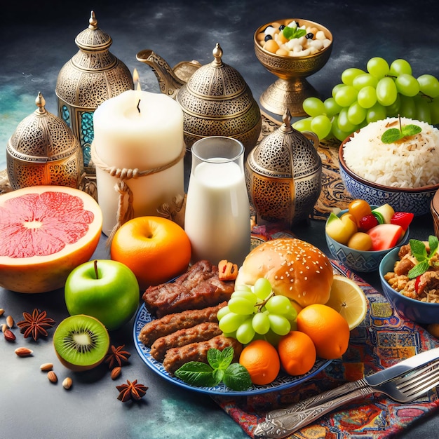 Un tavolo pieno di vari tipi di cibo Ramadan Iftar