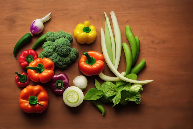 Un tavolo pieno di verdure tra cui broccoli, fagiolini, broccoli e altre verdure.