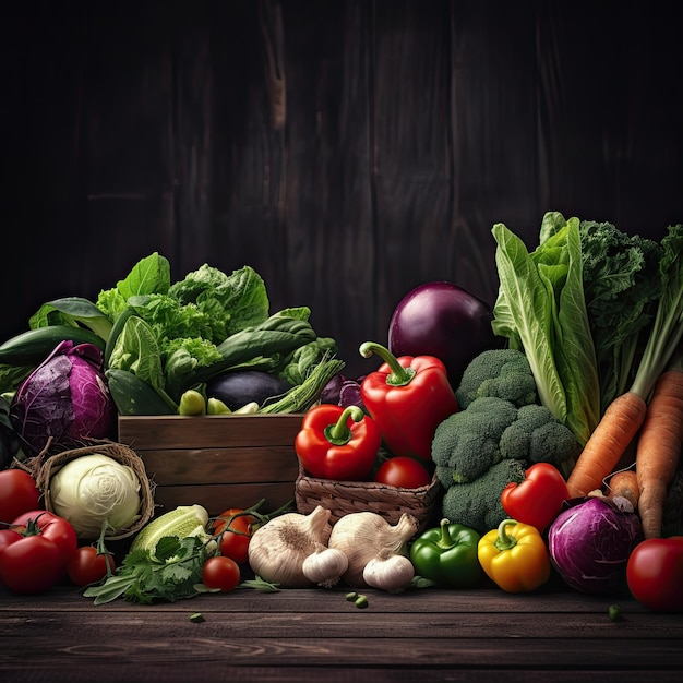 Un tavolo pieno di verdure tra cui un peperone rosso, un peperone verde, un peperone rosso, un peperone verde e un cesto di legno.
