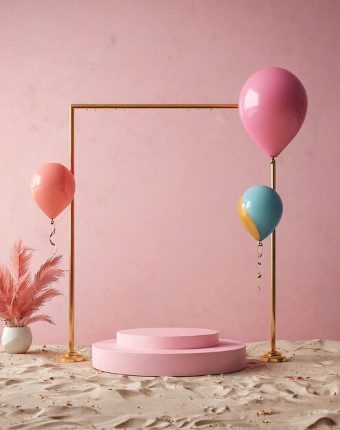 un tavolo rosa con palloncini e una cornice d'oro