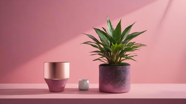 Un tavolo rosa con una pianta sopra.