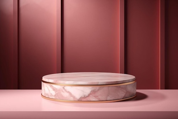 un tavolo rotondo con piano in marmo rosa e bianco e base dorata.