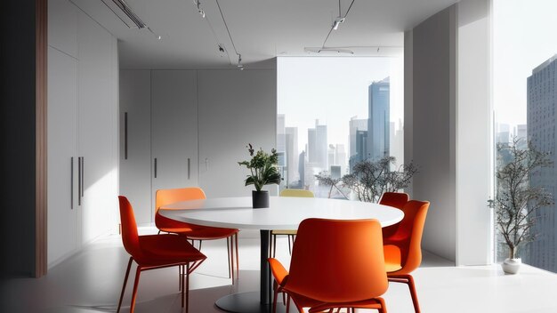 Un tavolo rotondo con sedie arancioni in una sala riunioni con un paesaggio urbano sullo sfondo.