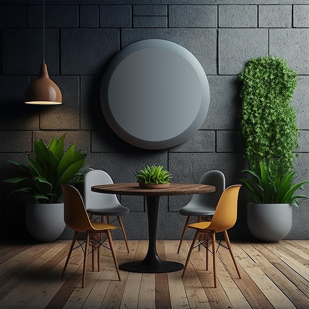 Un tavolo rotondo e due sedie davanti a un muro con piante e una pianta verde.