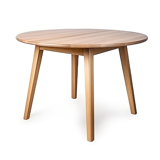 Un tavolo rotondo in legno con quattro gambe e uno sfondo bianco.