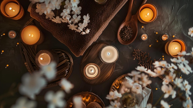 Un tavolo sormontato da candele e un asciugamano coperto di fiori e foglie accanto a un candelabro e un