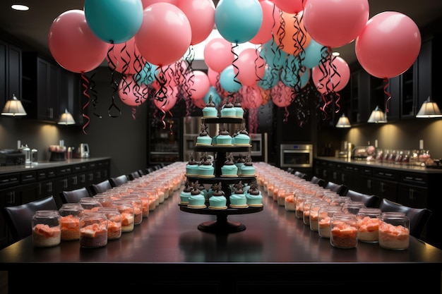 Un tavolo sormontato da un sacco di cupcake e palloncini
