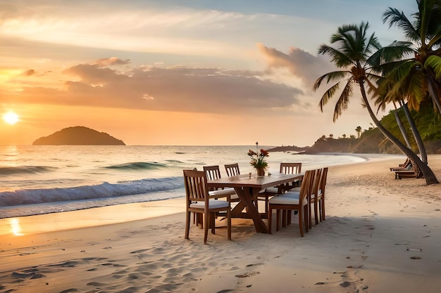 Un tavolo sulla spiaggia al tramonto