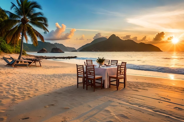 Un tavolo sulla spiaggia al tramonto