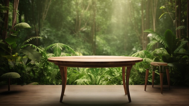 Un tavolo vuoto in una foresta tropicale con uno sfondo di giungla