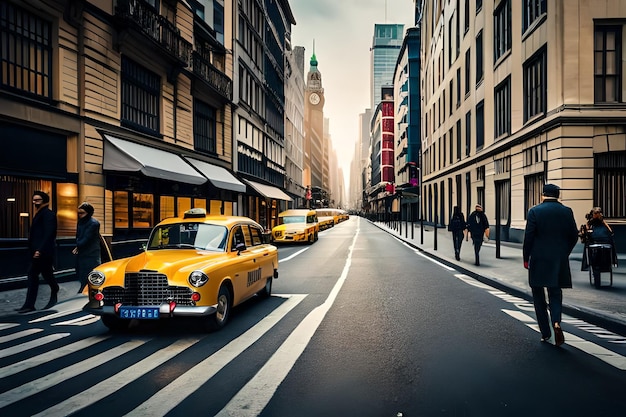 Un taxi giallo sta percorrendo una strada di una città