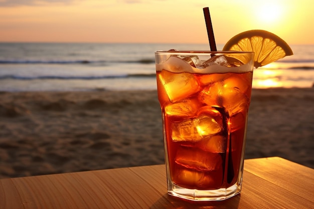 Un tè ghiacciato al tramonto sullo sfondo della spiaggia