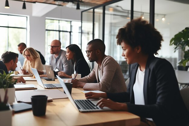 Un team aziendale che lavora a un nuovo progetto e sorridono Uomo e donna insieme in un ufficio moderno per discutere di un progetto