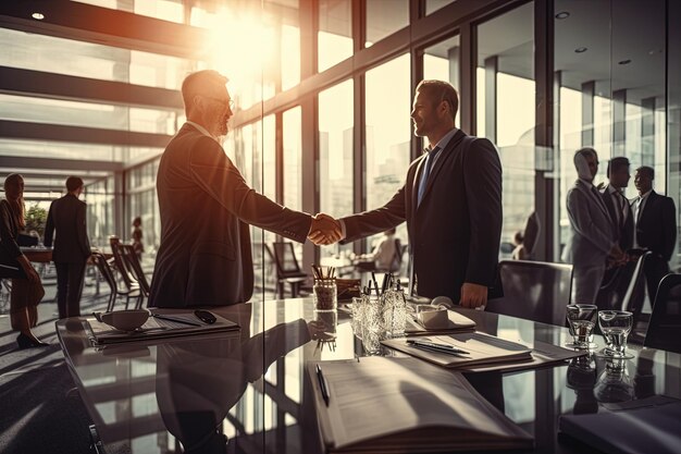 Un team d'affari felice che stringe la mano ai clienti in ufficio e stringe le mani al lavoro Generato dall'AI