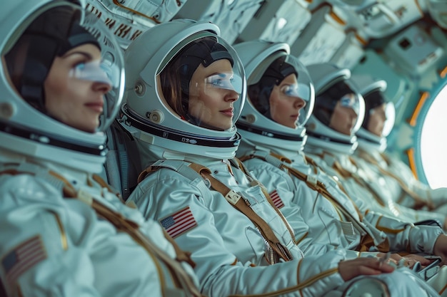 Un team di astronauti professionisti in tuta spaziale seduti all'interno di un veicolo spaziale che si prepara per il lancio