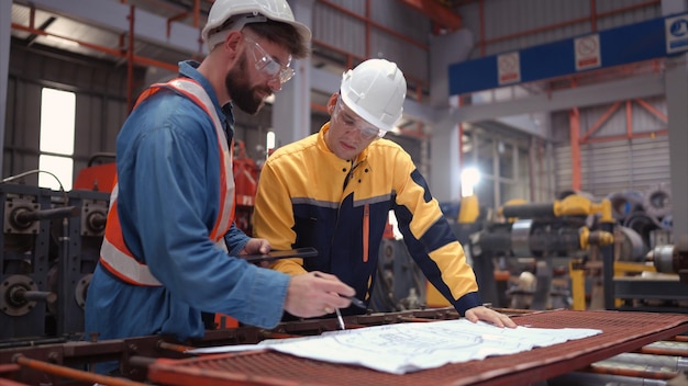 Un team di ingegneri e architetti che lavorano con i progetti sul sito della fabbrica è una nuova struttura massiccia