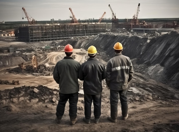 Un team di ingegneri in piedi nella fossa a cielo aperto e guardando il cantiere