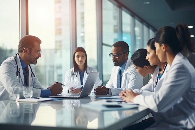 Un team di medici e una donna d'affari che si incontrano in un ufficio medico.