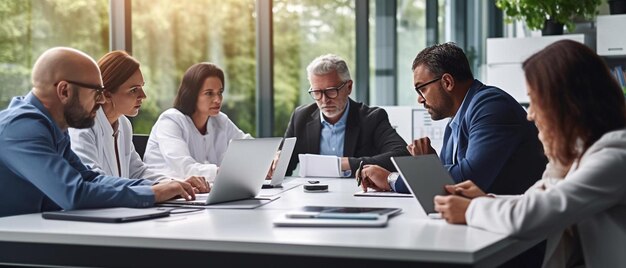 un team di medici in una riunione di pianificazione e brainstorming in una sala riunioni usando un portatile per leggere gli appunti