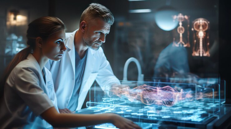 Un team di medici interagisce con un display olografico avanzato in laboratorio