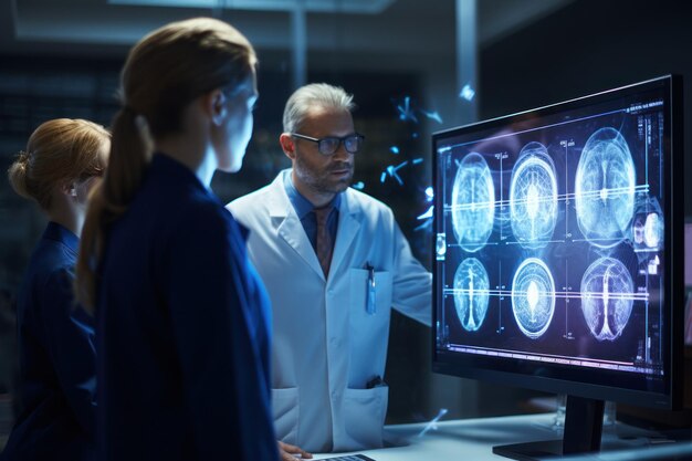 Un team di medici nel reparto di radiologia di un ospedale davanti a un grande monitor con intelligenza artificiale generativa