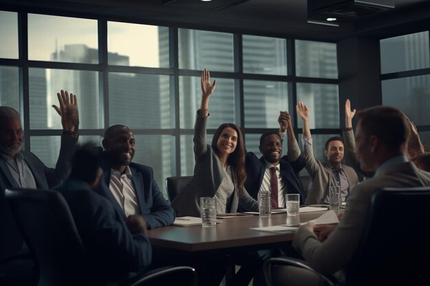 Un team di professionisti che alzano le mani in un'AI generativa