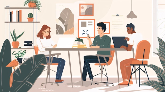 Un team diversificato di designer che collabora a un progetto in uno spazio di ufficio luminoso e moderno