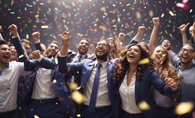 Un team diversificato e felice di dipendenti che celebra il successo aziendale tra i coriandoli