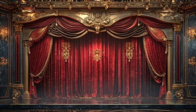 un teatro con tende rosse e rivestimenti dorati