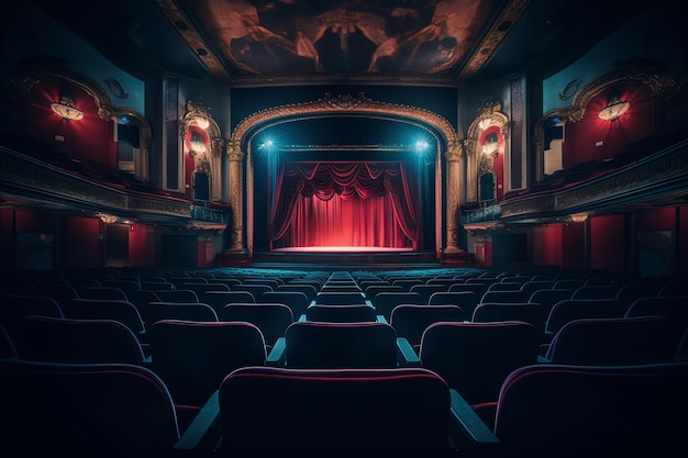 Un teatro con un sipario rosso e un palcoscenico con un palcoscenico sullo sfondo.