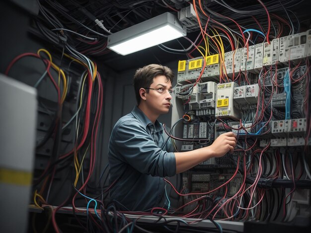 Un tecnico installa cavi di fibra ottica per Internet in una sala server Un giovane specialista lavora con cavi di comunicazione in un data center Concetto di tecnologia dell'informazione