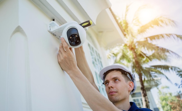 Un tecnico installa una telecamera CCTV sulla facciata di un edificio residenziale