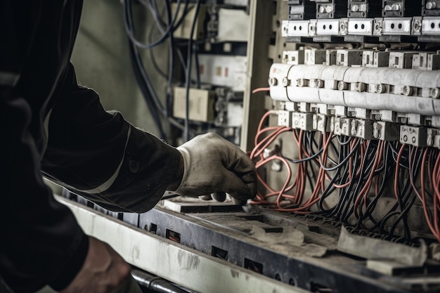 Un tecnico viene visto da vicino mentre ispeziona i collegamenti elettrici di un trasformatore