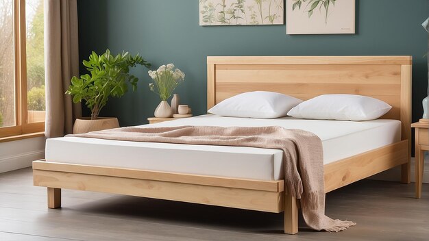 Un telaio di letto in legno con lenzuola bianca e una coperta marrone