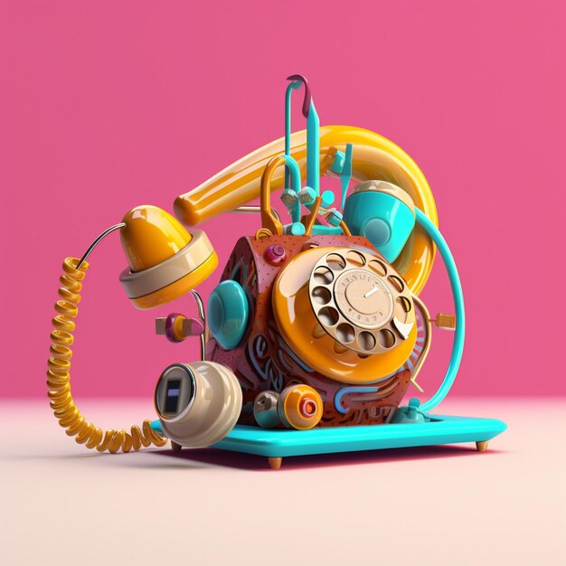 Un telefono con quadrante giallo sul davanti e sfondo rosa.