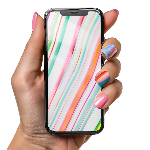un telefono con strisce colorate è tenuto in mano