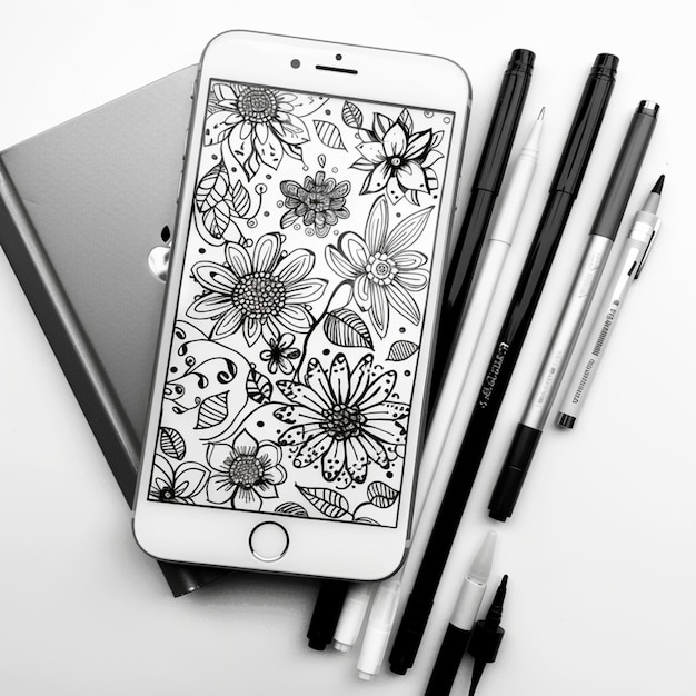 un telefono con un disegno di fiori su di esso si siede accanto a una penna e una penna