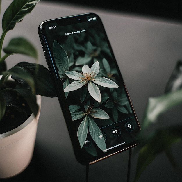 Un telefono con un fiore sullo schermo che dice la parola sopra