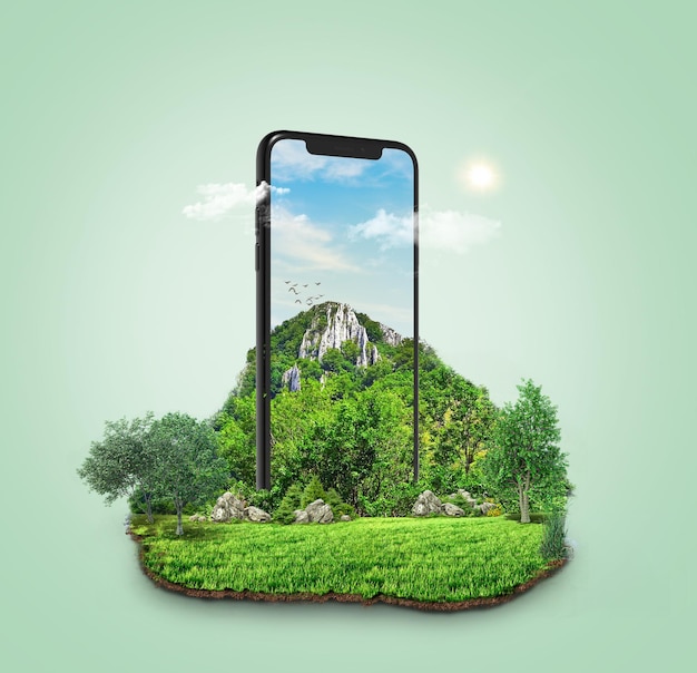 Un telefono con un paesaggio in mostra.