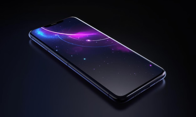 Un telefono con uno sfondo viola e blu e la parola galaxy sullo schermo.