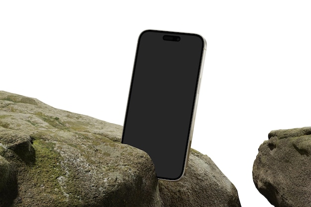 Un telefono è su una roccia con uno sfondo bianco.