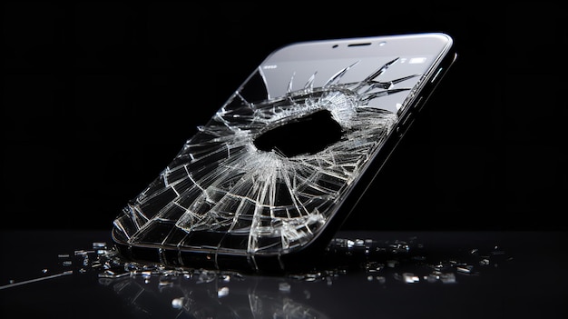 Un telefono rotto con display al centro su uno sfondo bianco pulito IA generativa