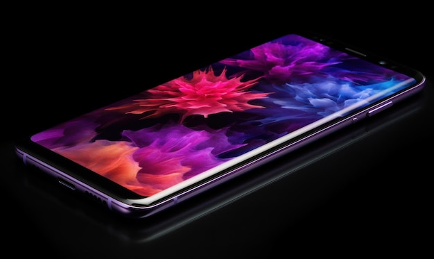 Un telefono Samsung con un fiore viola e arancione sul davanti.