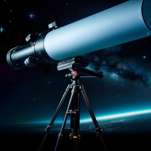 Un telescopio con uno sfondo blu e uno spazio sullo sfondo