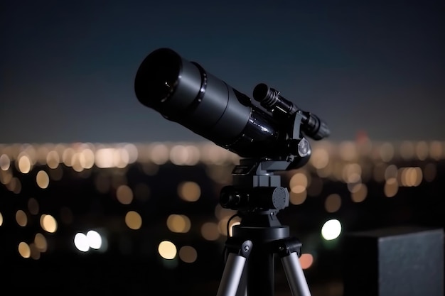 Un telescopio su un treppiede con il cielo notturno sullo sfondo